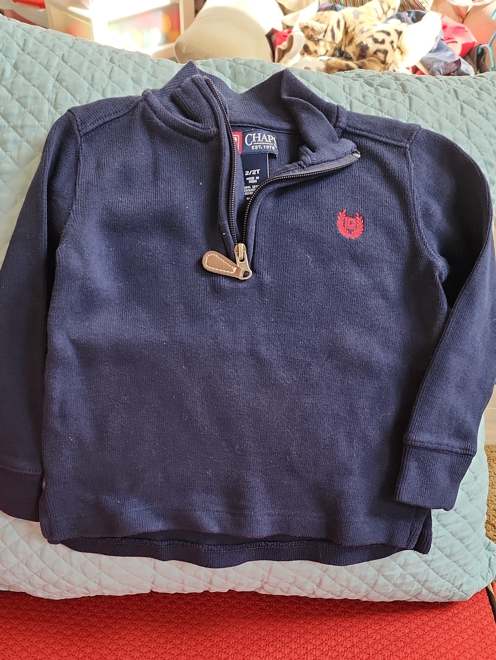 2T Chaps Navy Blue Quarter-Zip Cotton Pullover with Red Crest